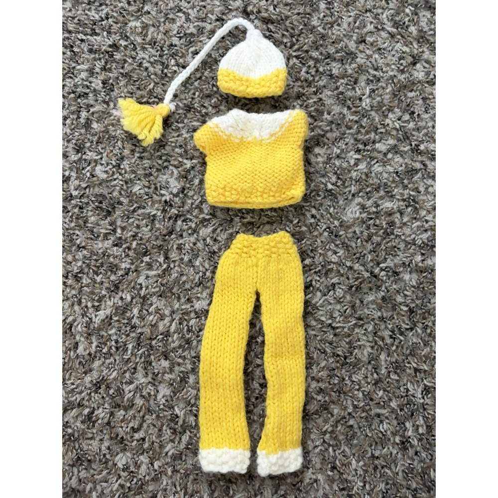 Barbie Doll Clothes Outfit Hand Knit Crochet Yellow White 3 Pc Pants Shirt Hat